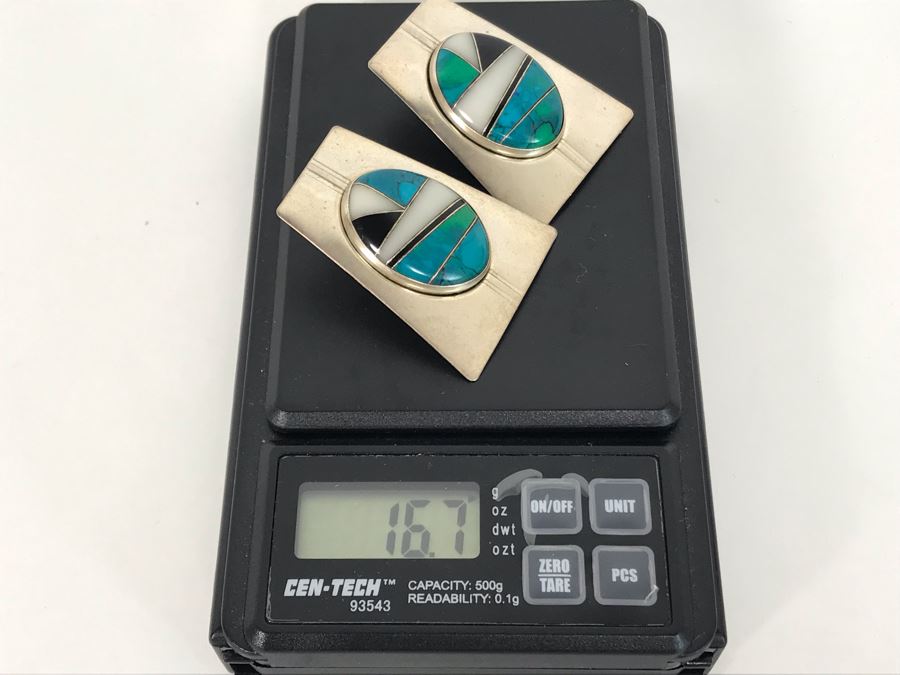 Signed Pair Of Native American Sterling Silver With Inlaid Stones Earrings 16.7g [Photo 14]
