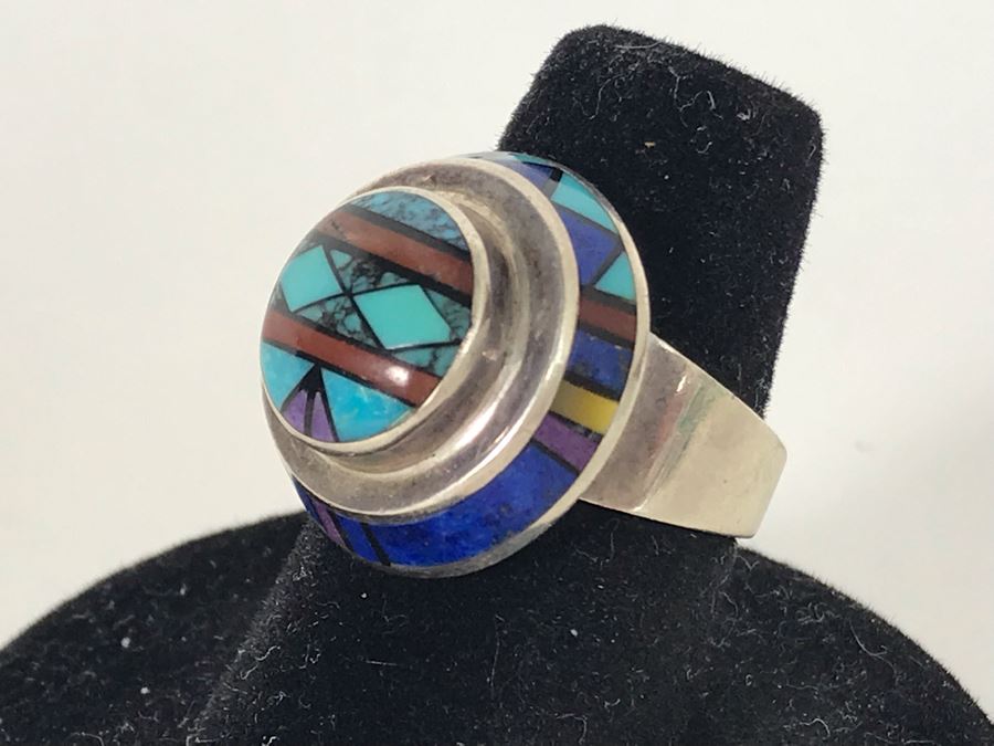 Jim Harrison Native American Navajo Sterling Silver Inlaid Stones Ring Size 6.75 - 7.6g [Photo 2]