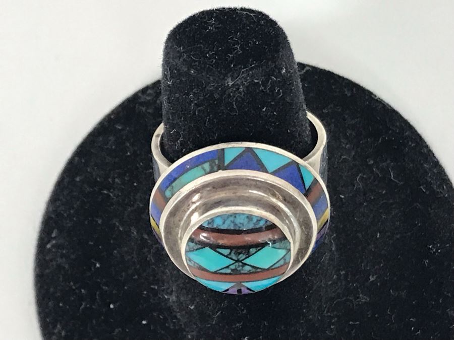 Jim Harrison Native American Navajo Sterling Silver Inlaid Stones Ring Size 6.75 - 7.6g [Photo 8]