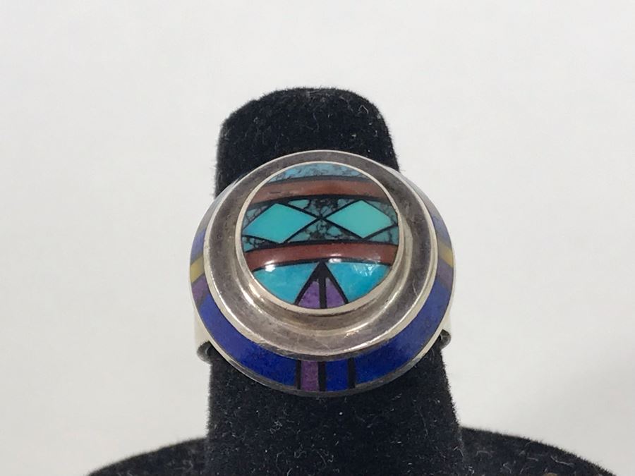 Jim Harrison Native American Navajo Sterling Silver Inlaid Stones Ring Size 6.75 - 7.6g [Photo 9]