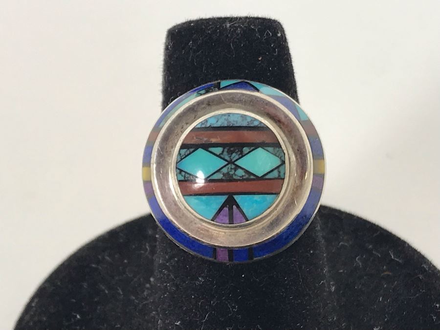 Jim Harrison Native American Navajo Sterling Silver Inlaid Stones Ring Size 6.75 - 7.6g