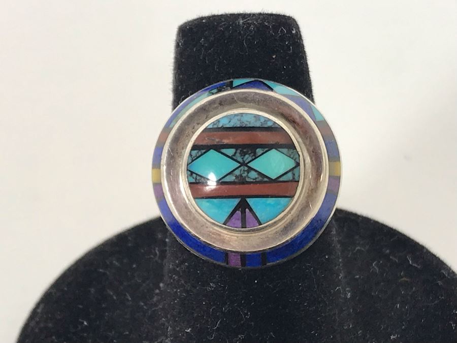 Jim Harrison Native American Navajo Sterling Silver Inlaid Stones Ring Size 6.75 - 7.6g [Photo 4]