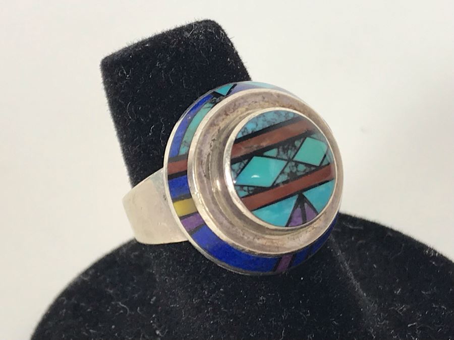Jim Harrison Native American Navajo Sterling Silver Inlaid Stones Ring Size 6.75 - 7.6g [Photo 7]