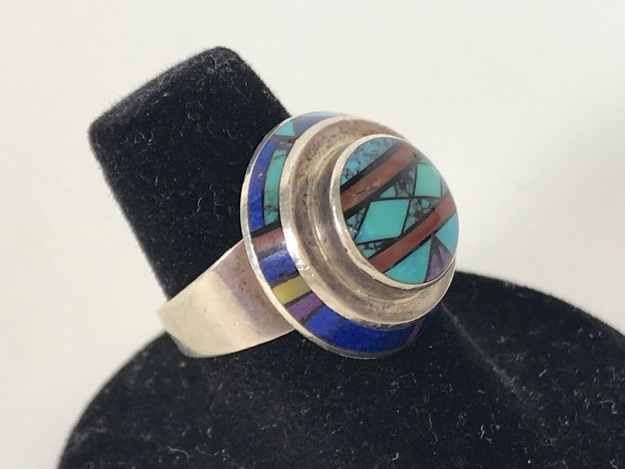 Jim Harrison Native American Navajo Sterling Silver Inlaid Stones Ring Size 6.75 - 7.6g [Photo 6]