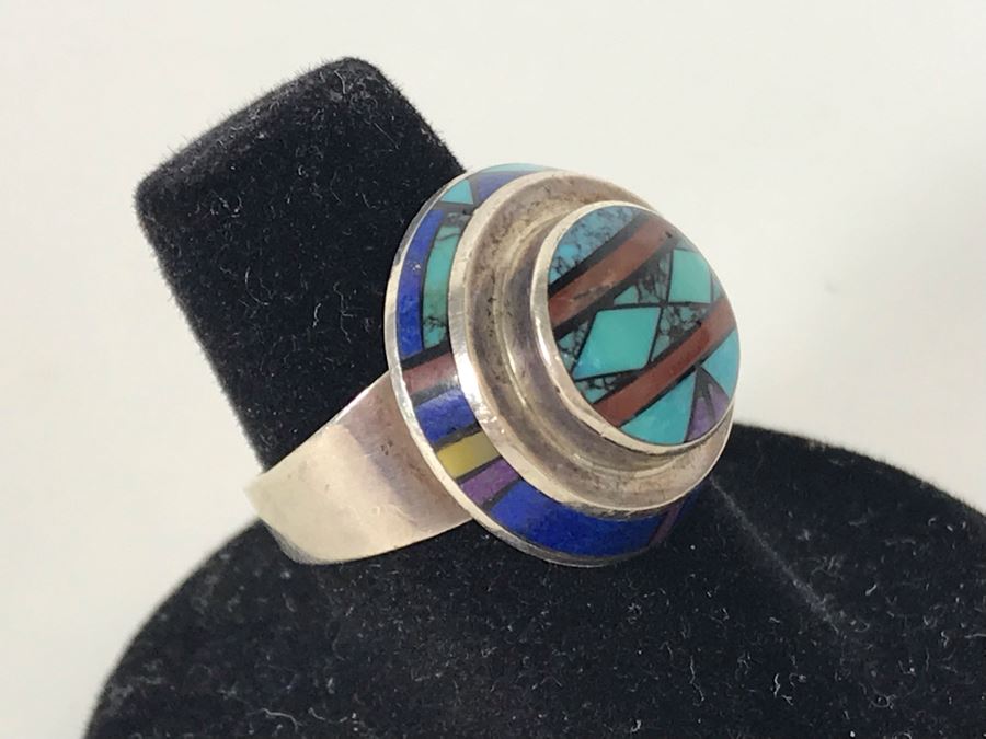Jim Harrison Native American Navajo Sterling Silver Inlaid Stones Ring Size 6.75 - 7.6g [Photo 5]