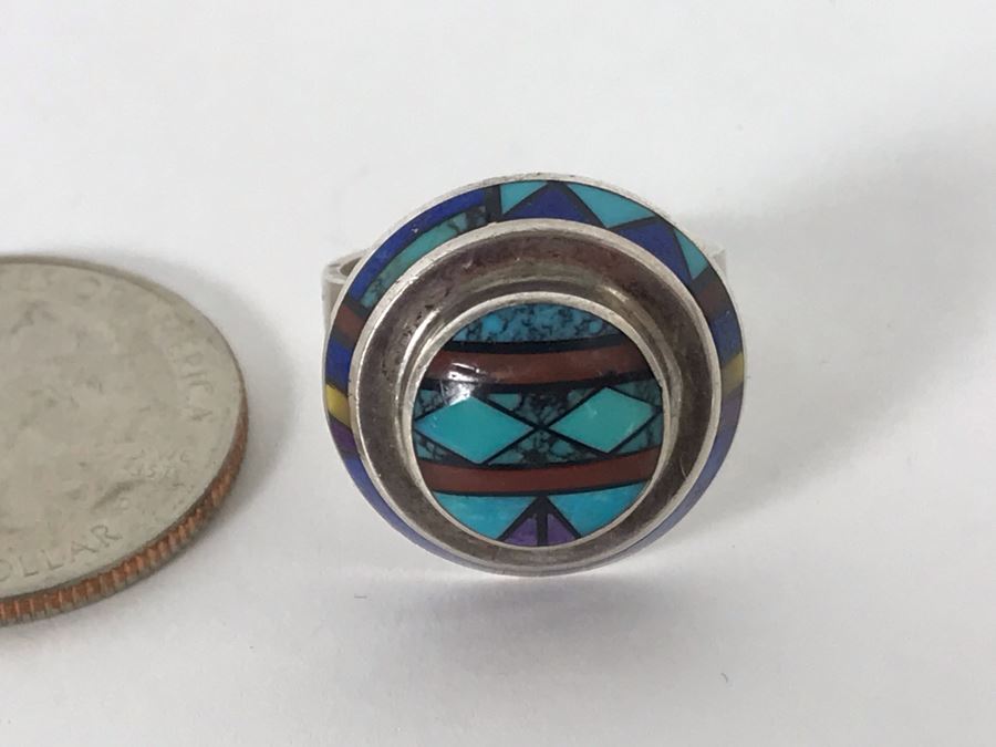 Jim Harrison Native American Navajo Sterling Silver Inlaid Stones Ring Size 6.75 - 7.6g [Photo 11]