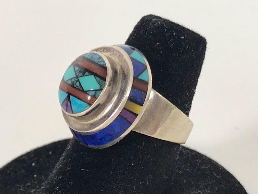 Jim Harrison Native American Navajo Sterling Silver Inlaid Stones Ring Size 6.75 - 7.6g [Photo 3]