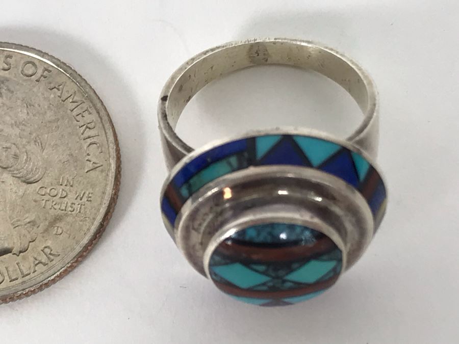 Jim Harrison Native American Navajo Sterling Silver Inlaid Stones Ring Size 6.75 - 7.6g [Photo 10]