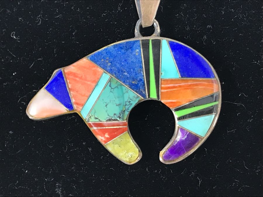 Signed Calvin Begay Native American Bear Inlaid Multi-Stone Pendant With Sterling Silver Chain Necklace 12.g [Photo 5]