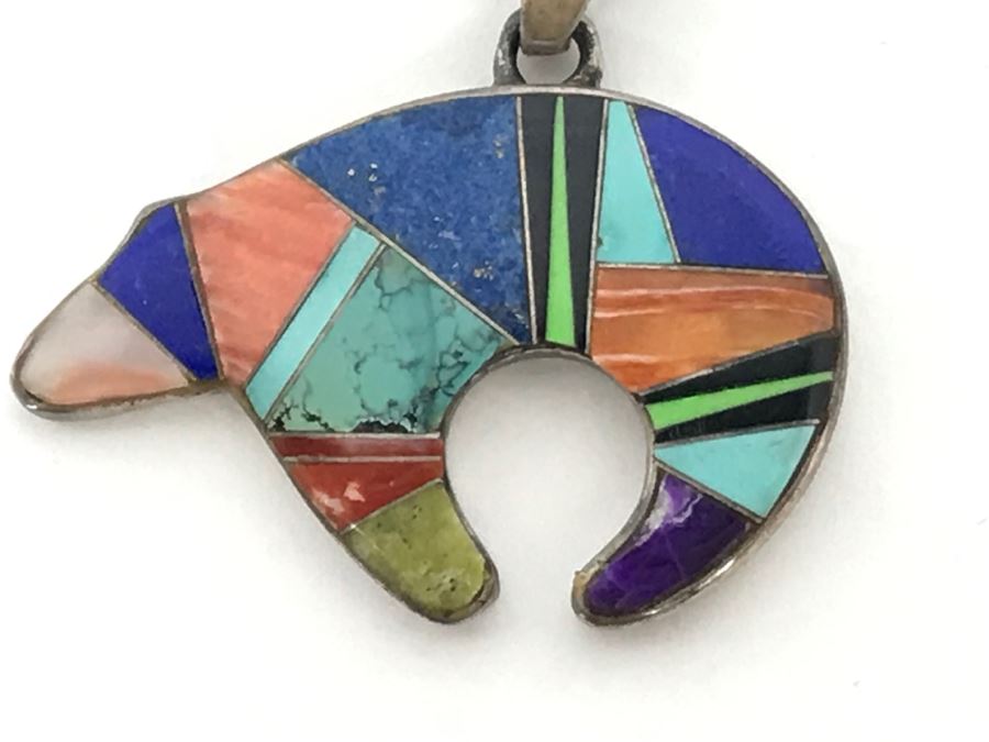 Signed Calvin Begay Native American Bear Inlaid Multi-Stone Pendant With Sterling Silver Chain Necklace 12.g [Photo 9]