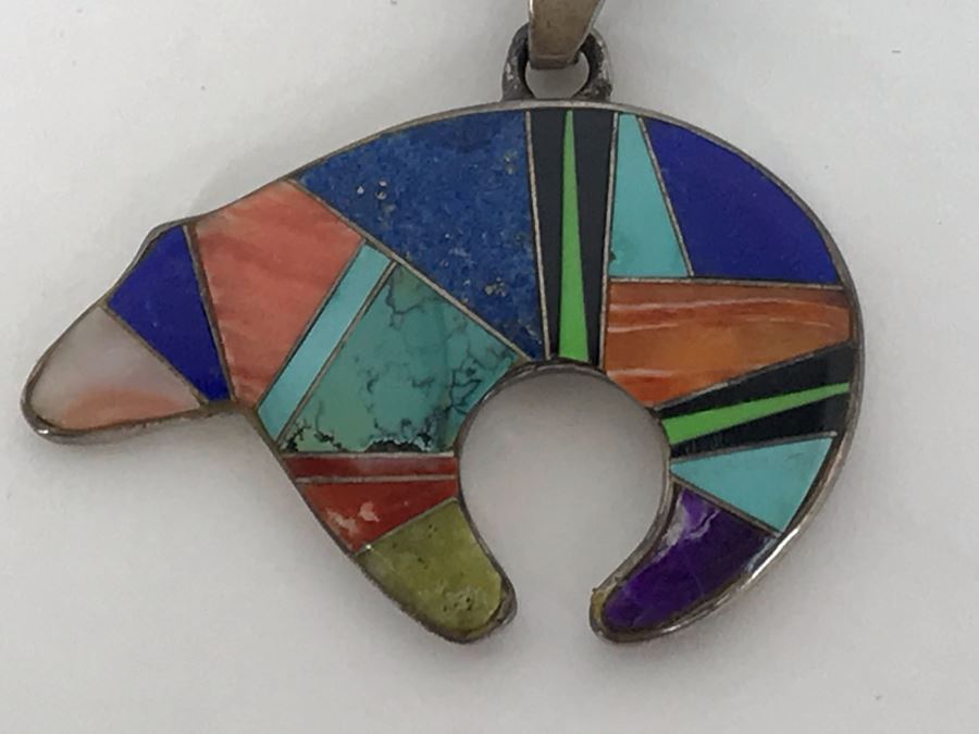 Signed Calvin Begay Native American Bear Inlaid Multi-Stone Pendant With Sterling Silver Chain Necklace 12.g [Photo 8]