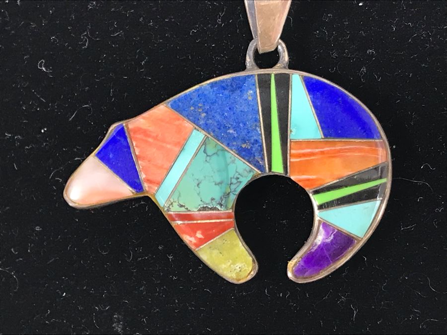 Signed Calvin Begay Native American Bear Inlaid Multi-Stone Pendant With Sterling Silver Chain Necklace 12.g [Photo 4]