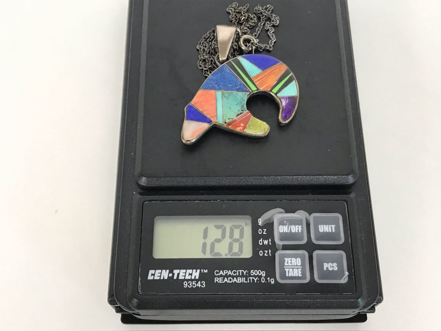 Signed Calvin Begay Native American Bear Inlaid Multi-Stone Pendant With Sterling Silver Chain Necklace 12.g [Photo 12]