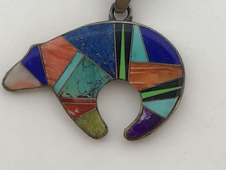 Signed Calvin Begay Native American Bear Inlaid Multi-Stone Pendant With Sterling Silver Chain Necklace 12.g [Photo 7]
