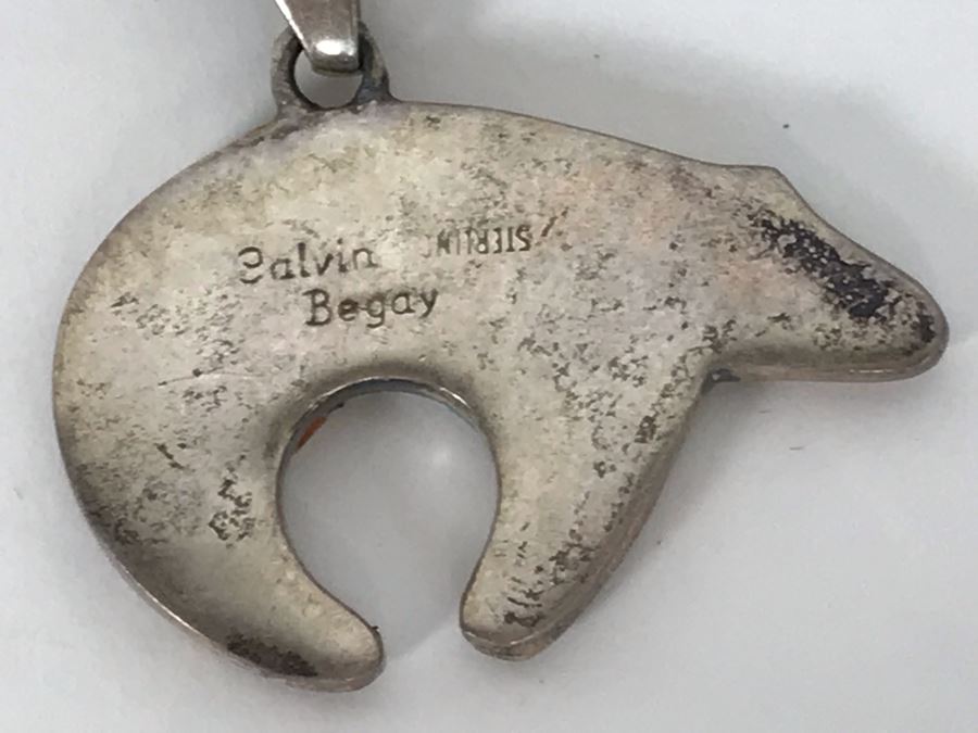 Signed Calvin Begay Native American Bear Inlaid Multi-Stone Pendant With Sterling Silver Chain Necklace 12.g [Photo 11]