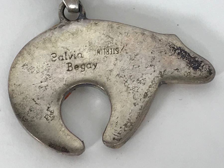 Signed Calvin Begay Native American Bear Inlaid Multi-Stone Pendant With Sterling Silver Chain Necklace 12.g [Photo 10]