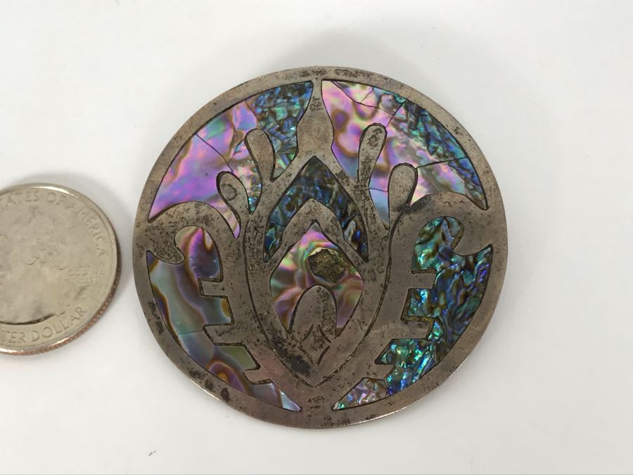 Vintage Sterling Silver Mexican Taxco Pendant / Brooch Pin With Inlaid Mother Of Pearl 5R [Photo 2]