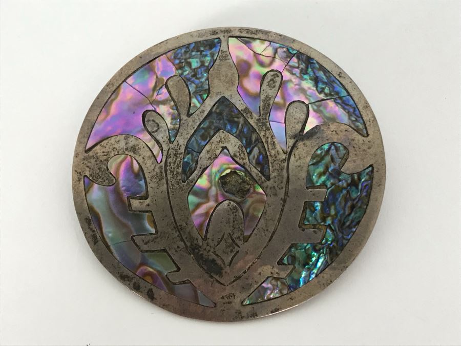Vintage Sterling Silver Mexican Taxco Pendant / Brooch Pin With Inlaid Mother Of Pearl 5R [Photo 4]