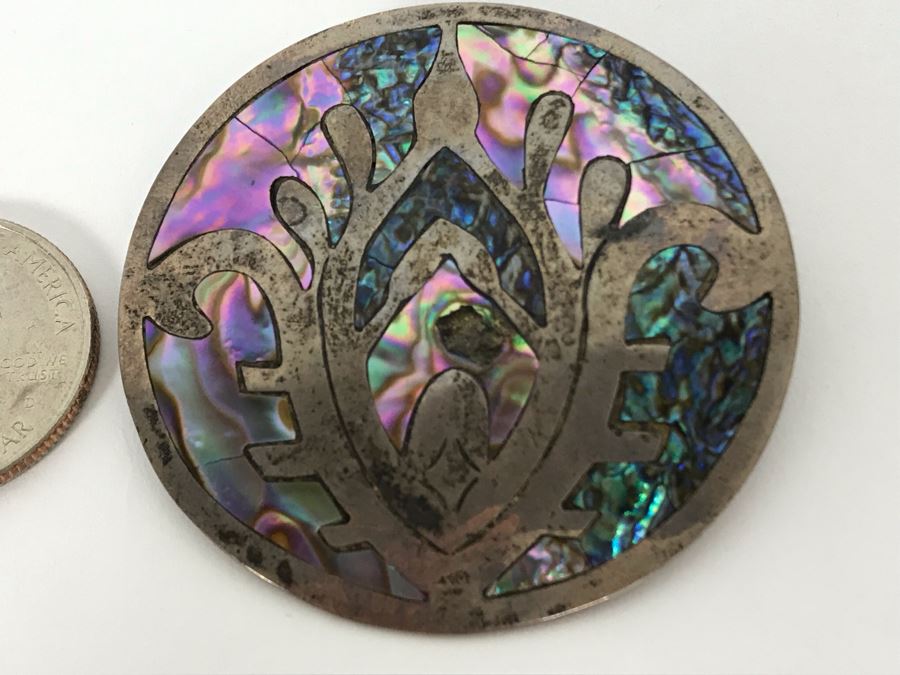 Vintage Sterling Silver Mexican Taxco Pendant / Brooch Pin With Inlaid Mother Of Pearl 5R [Photo 5]