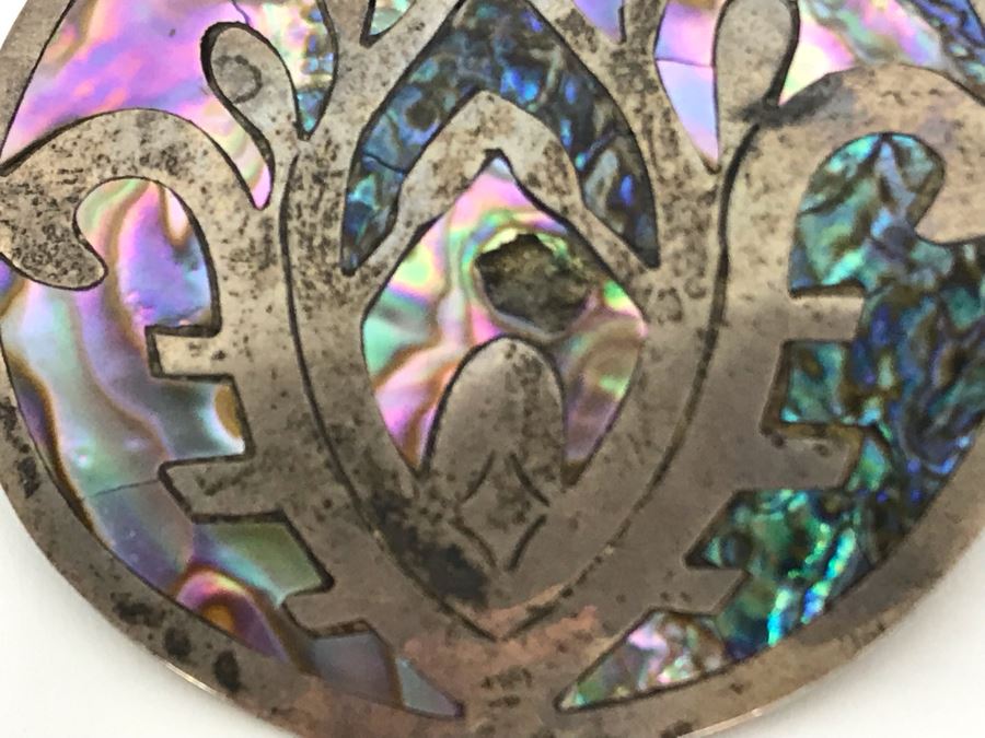 Vintage Sterling Silver Mexican Taxco Pendant / Brooch Pin With Inlaid Mother Of Pearl 5R [Photo 6]