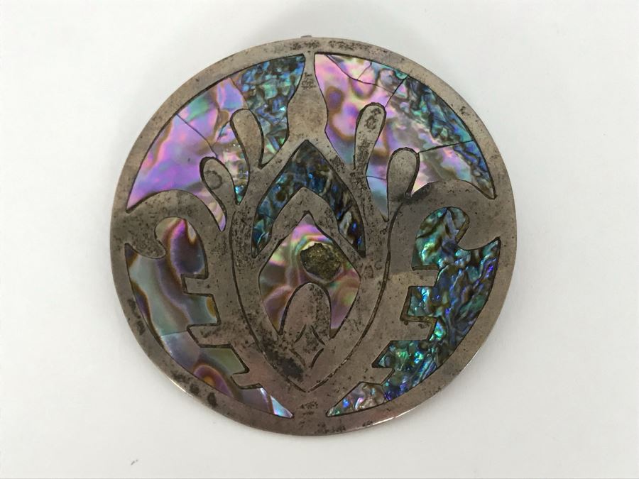 Vintage Sterling Silver Mexican Taxco Pendant / Brooch Pin With Inlaid Mother Of Pearl 5R [Photo 3]