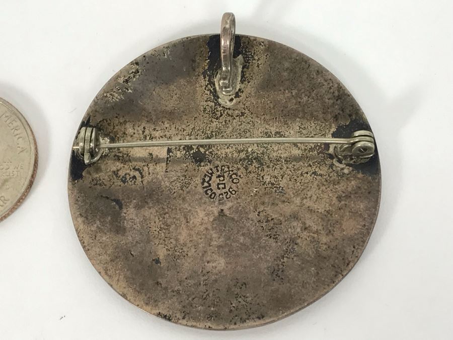 Vintage Sterling Silver Mexican Taxco Pendant / Brooch Pin With Inlaid Mother Of Pearl 5R [Photo 7]