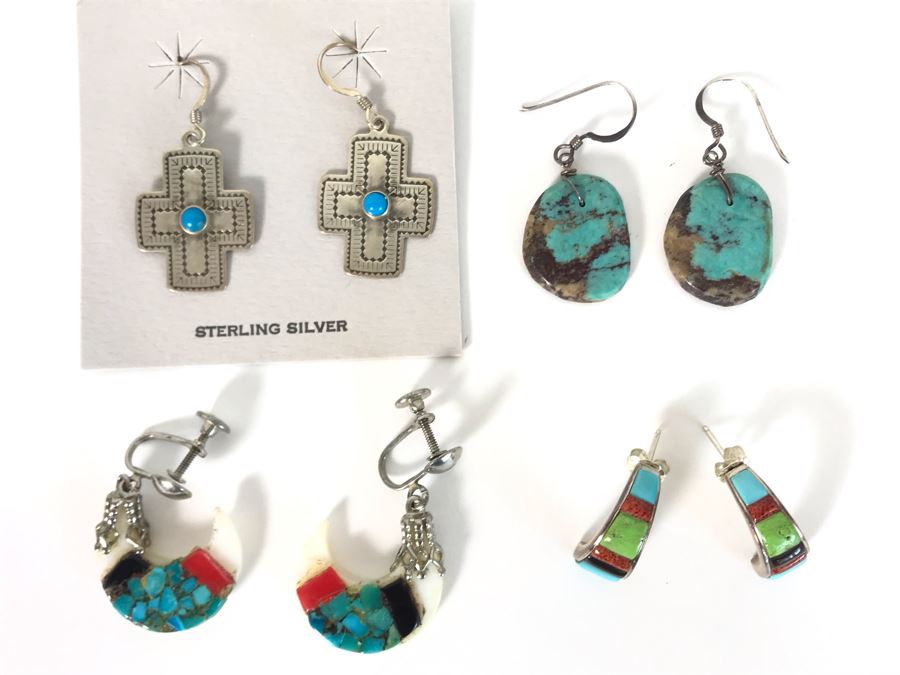(4) Pairs Of Native American Sterling Silver Turquoise Earrings [Photo 3]