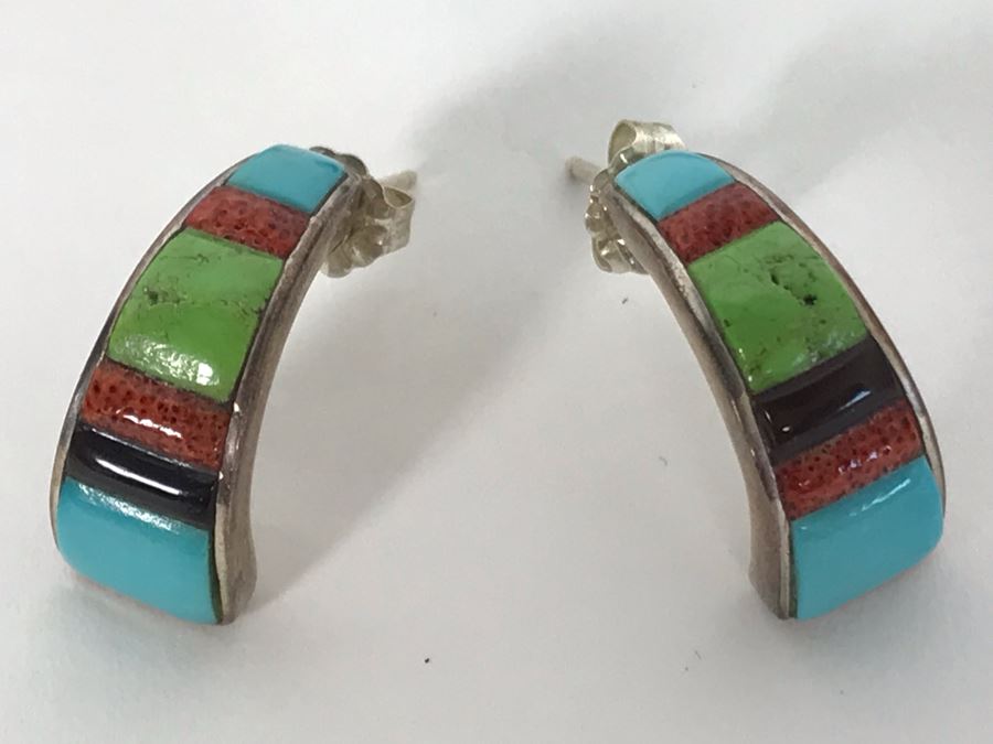(4) Pairs Of Native American Sterling Silver Turquoise Earrings [Photo 4]