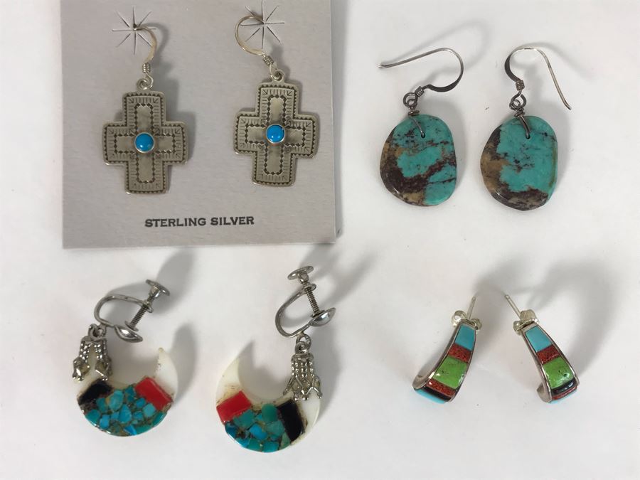 (4) Pairs Of Native American Sterling Silver Turquoise Earrings [Photo 2]