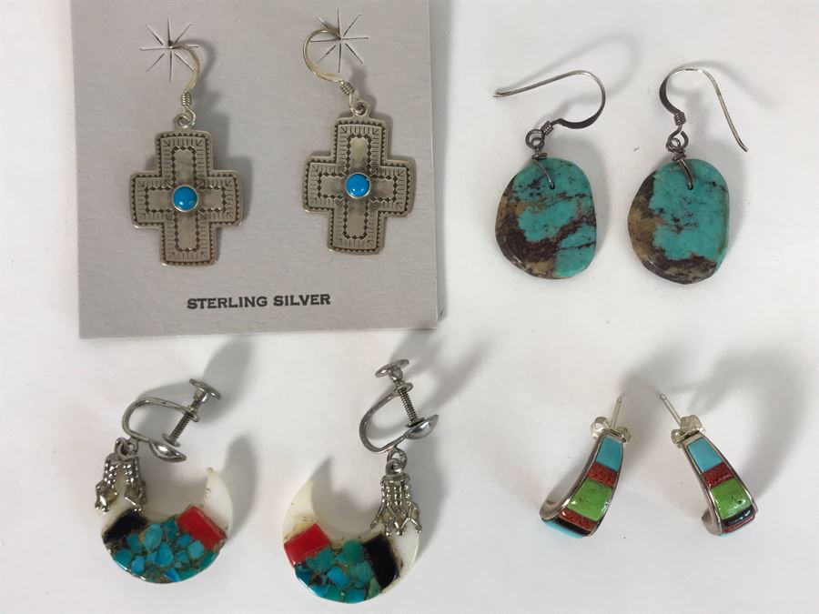(4) Pairs Of Native American Sterling Silver Turquoise Earrings [Photo 1]