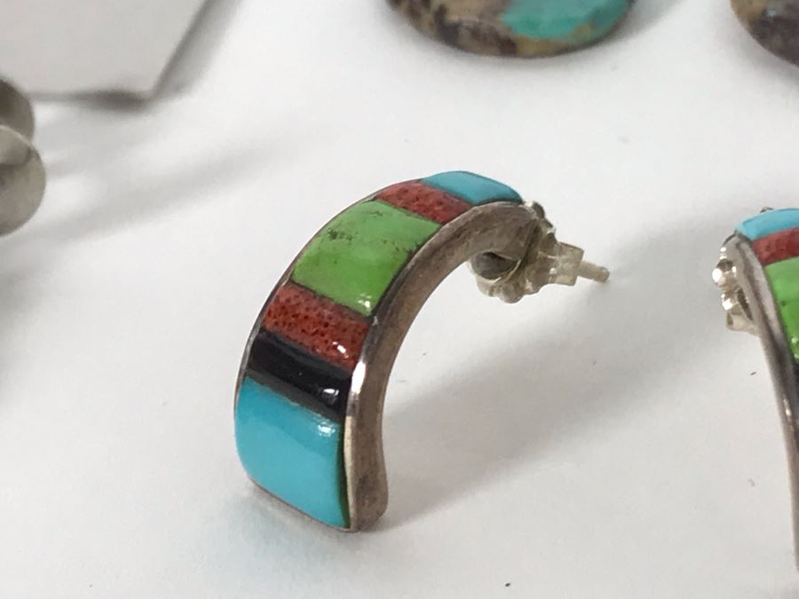 (4) Pairs Of Native American Sterling Silver Turquoise Earrings [Photo 5]
