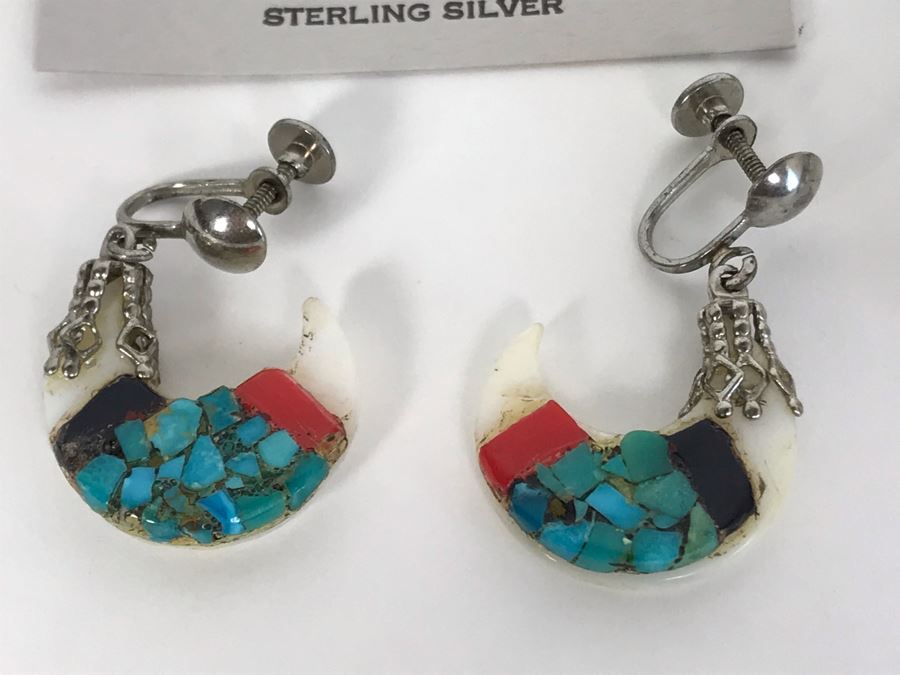 (4) Pairs Of Native American Sterling Silver Turquoise Earrings [Photo 6]