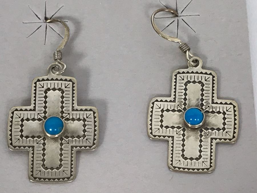 (4) Pairs Of Native American Sterling Silver Turquoise Earrings [Photo 9]