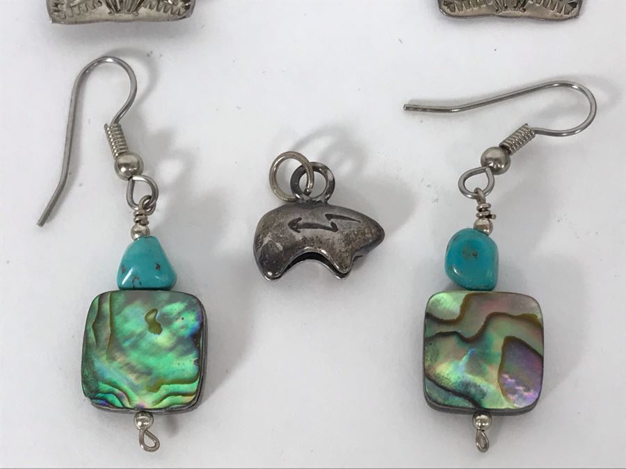 (3) Pairs Of Native American Earrings (One Signed VY WWS Sterling Silver Pair), (1) Sterling Bear Pendant And Brooch Pin [Photo 7]