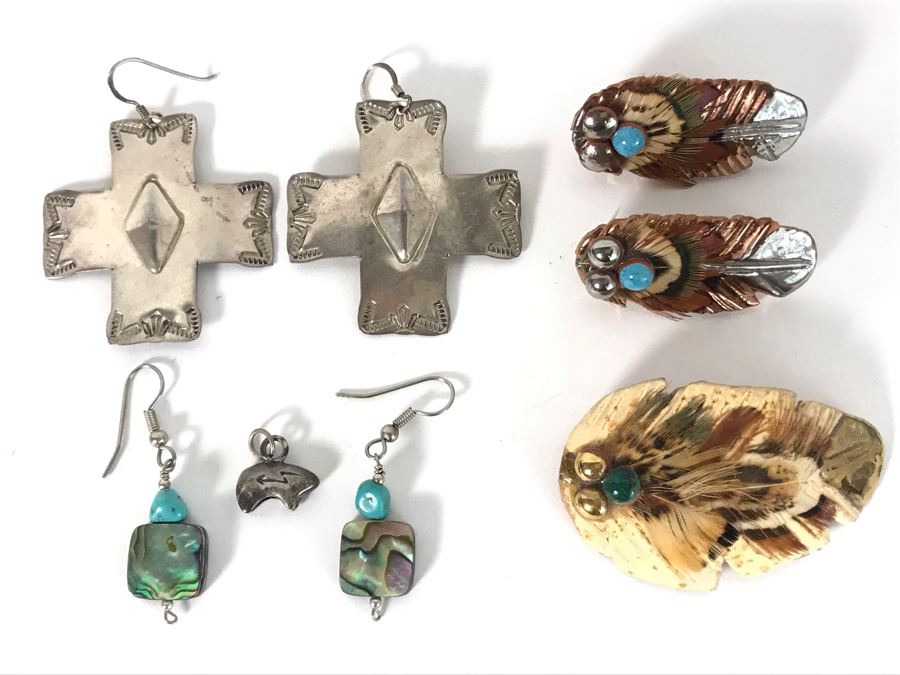 (3) Pairs Of Native American Earrings (One Signed VY WWS Sterling Silver Pair), (1) Sterling Bear Pendant And Brooch Pin [Photo 1]