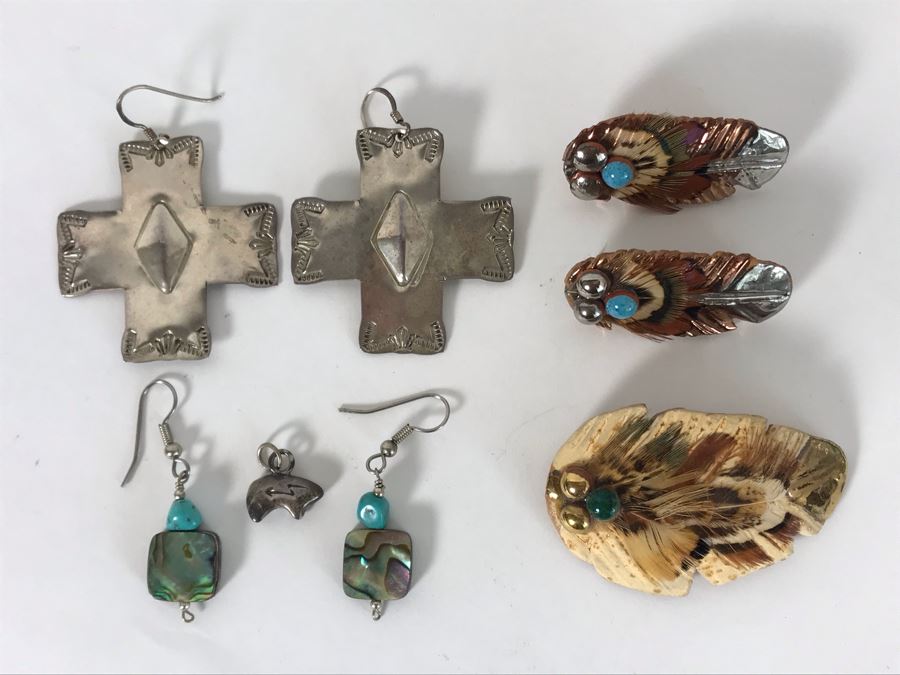 (3) Pairs Of Native American Earrings (One Signed VY WWS Sterling Silver Pair), (1) Sterling Bear Pendant And Brooch Pin [Photo 3]