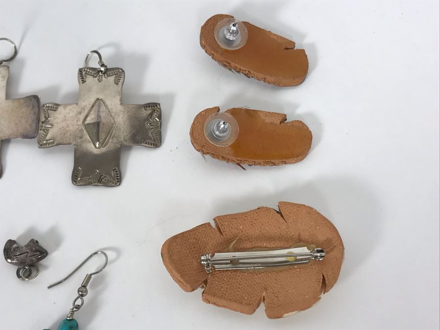 (3) Pairs Of Native American Earrings (One Signed VY WWS Sterling Silver Pair), (1) Sterling Bear Pendant And Brooch Pin [Photo 9]