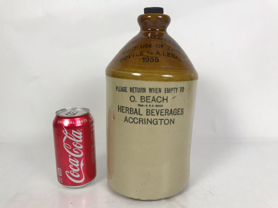 Vintage 1955 O. Beach Herbal Beverages Accrington Stoneware Jug 5.5W X 11H [Photo 1]