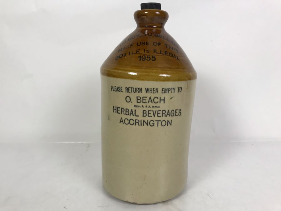 Vintage 1955 O. Beach Herbal Beverages Accrington Stoneware Jug 5.5W X 11H [Photo 2]