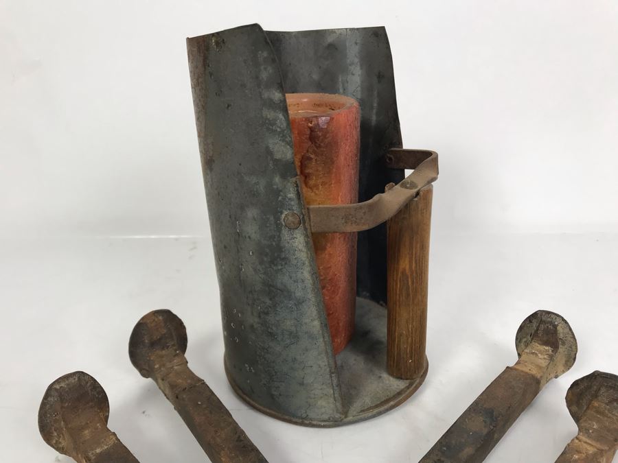 Old Galvanized Metal Wooden Handle Scoop And (4) Old Railroad Spikes [Photo 4]