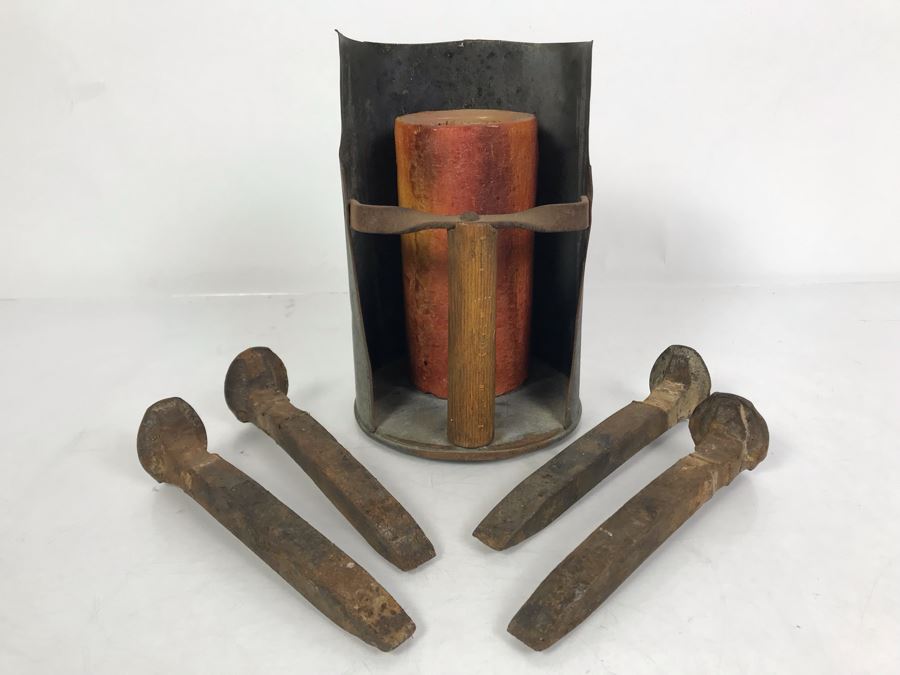 Old Galvanized Metal Wooden Handle Scoop And (4) Old Railroad Spikes [Photo 2]
