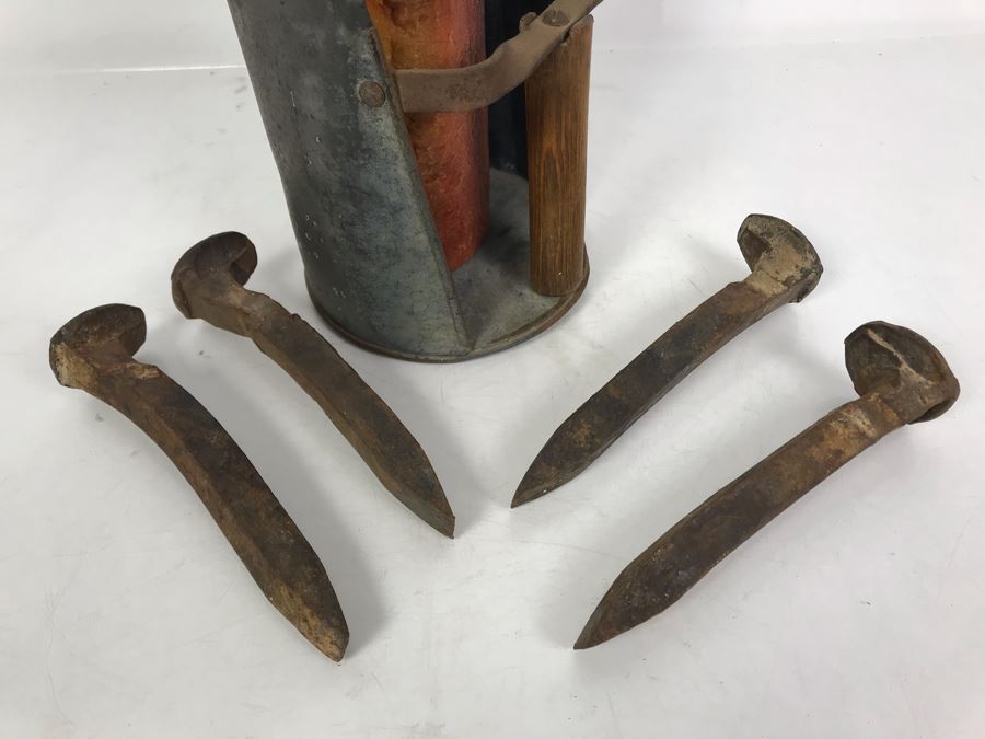 Old Galvanized Metal Wooden Handle Scoop And (4) Old Railroad Spikes [Photo 6]