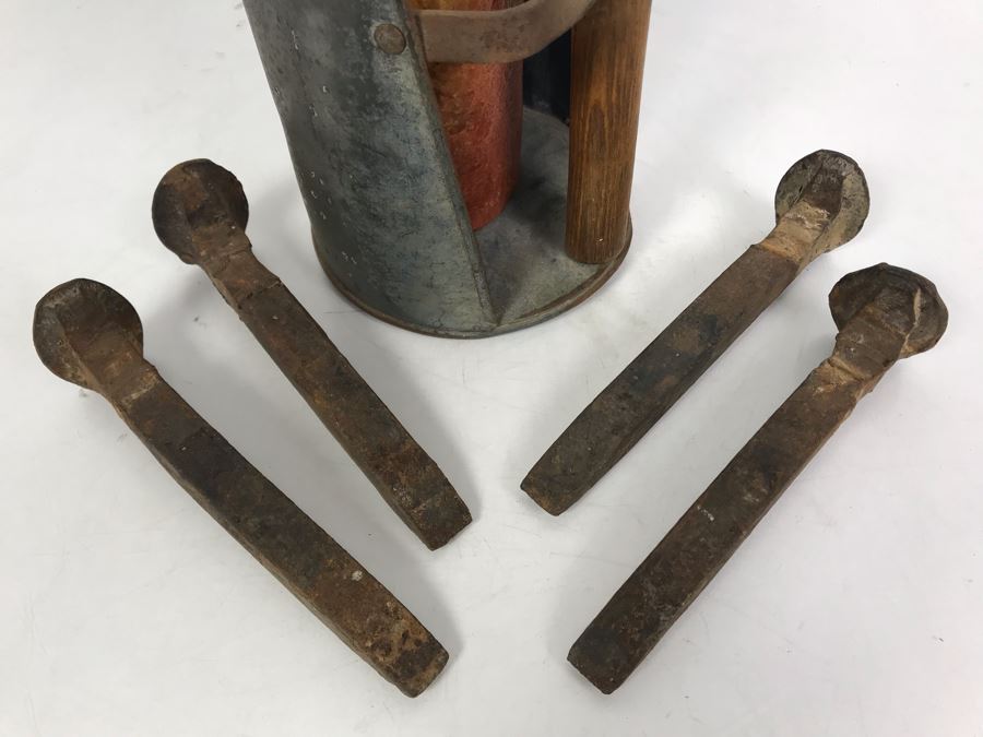 Old Galvanized Metal Wooden Handle Scoop And (4) Old Railroad Spikes [Photo 5]