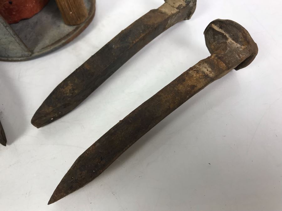 Old Galvanized Metal Wooden Handle Scoop And (4) Old Railroad Spikes [Photo 7]
