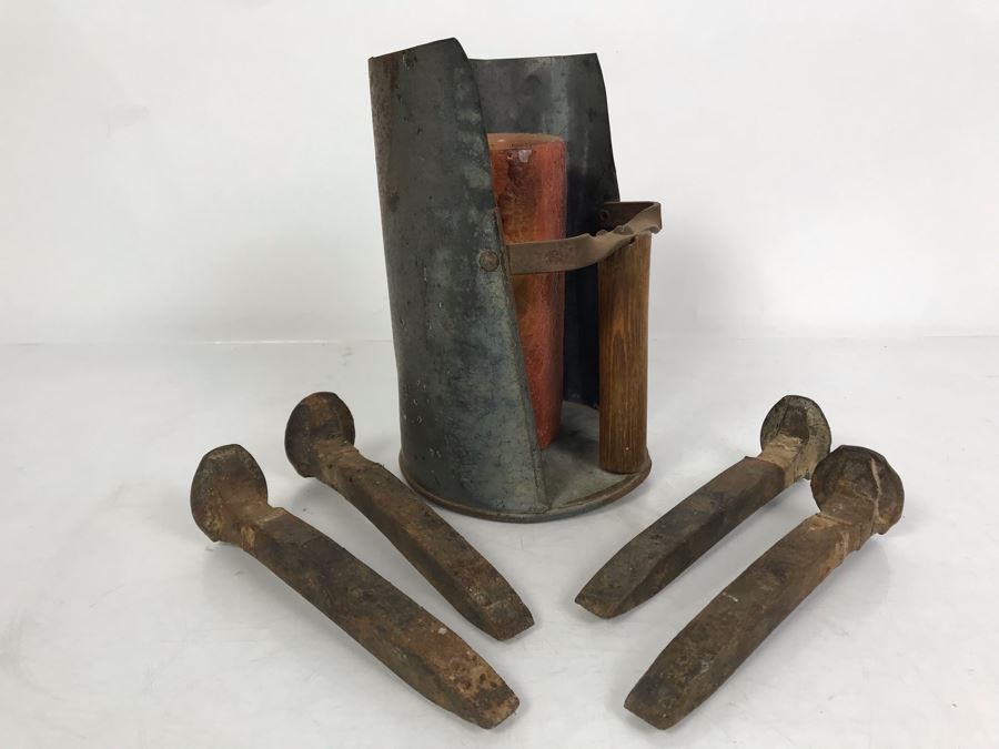 Old Galvanized Metal Wooden Handle Scoop And (4) Old Railroad Spikes [Photo 3]
