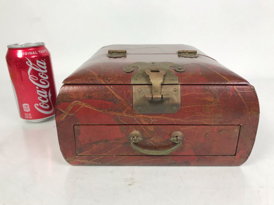 Vintage Asian Wooden Lacquer Jewelry Storage Travel Box With Real Inlaid Lacquer Leaves And Hinged Stand Up Mirror With Drawer Brass Hardware 9W X 10.5D X 4.5H - See Photos [Photo 6]