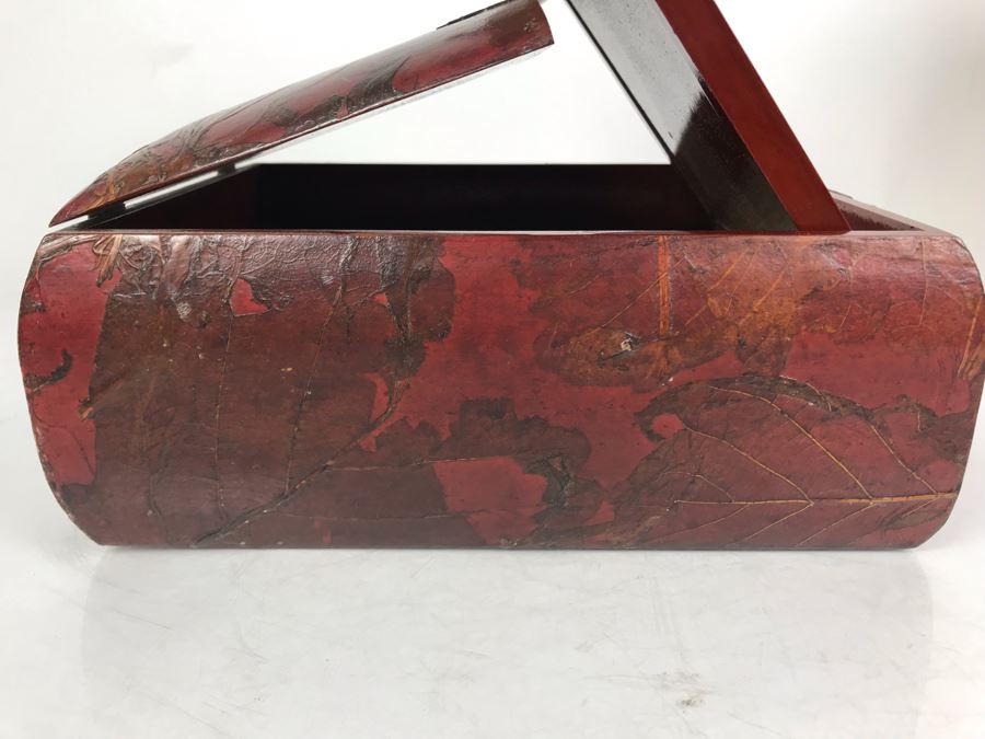 Vintage Asian Wooden Lacquer Jewelry Storage Travel Box With Real Inlaid Lacquer Leaves And Hinged Stand Up Mirror With Drawer Brass Hardware 9W X 10.5D X 4.5H - See Photos [Photo 13]