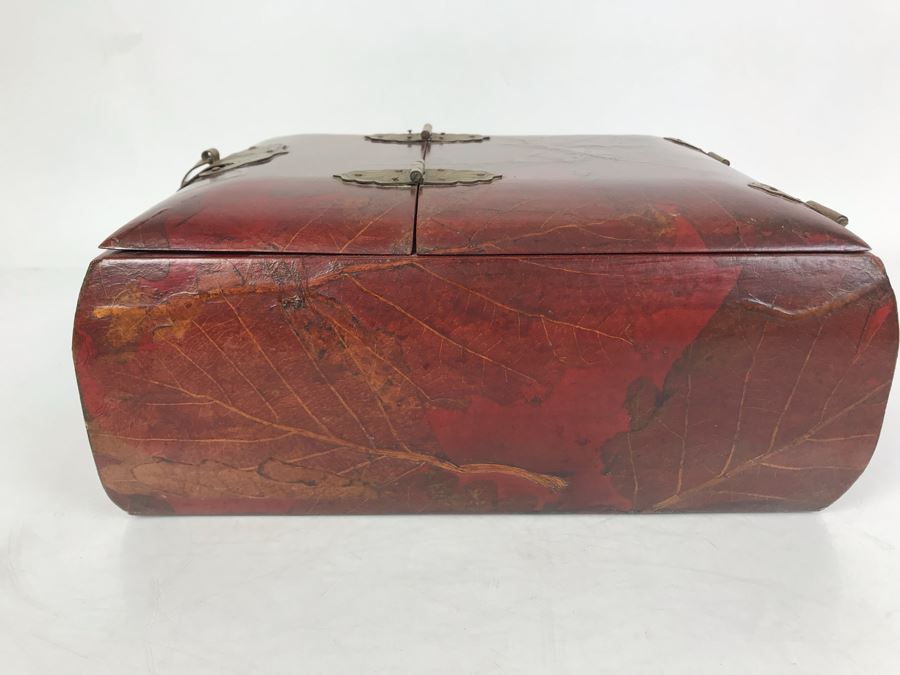 Vintage Asian Wooden Lacquer Jewelry Storage Travel Box With Real Inlaid Lacquer Leaves And Hinged Stand Up Mirror With Drawer Brass Hardware 9W X 10.5D X 4.5H - See Photos [Photo 17]