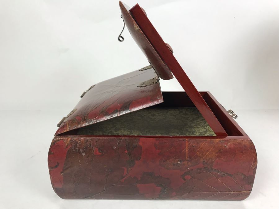Vintage Asian Wooden Lacquer Jewelry Storage Travel Box With Real Inlaid Lacquer Leaves And Hinged Stand Up Mirror With Drawer Brass Hardware 9W X 10.5D X 4.5H - See Photos [Photo 12]
