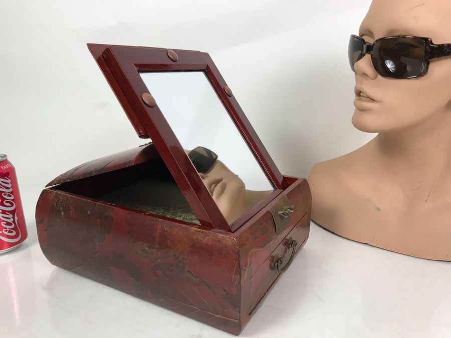Vintage Asian Wooden Lacquer Jewelry Storage Travel Box With Real Inlaid Lacquer Leaves And Hinged Stand Up Mirror With Drawer Brass Hardware 9W X 10.5D X 4.5H - See Photos [Photo 11]